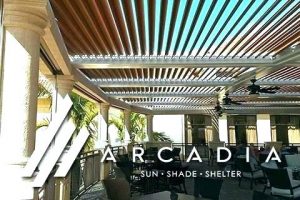 Arcadia logo, featuring an image of a slatted roof system